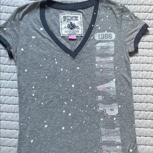 PINK Victoria's Secret Gray V-Neck Tee with Pink and White Accents